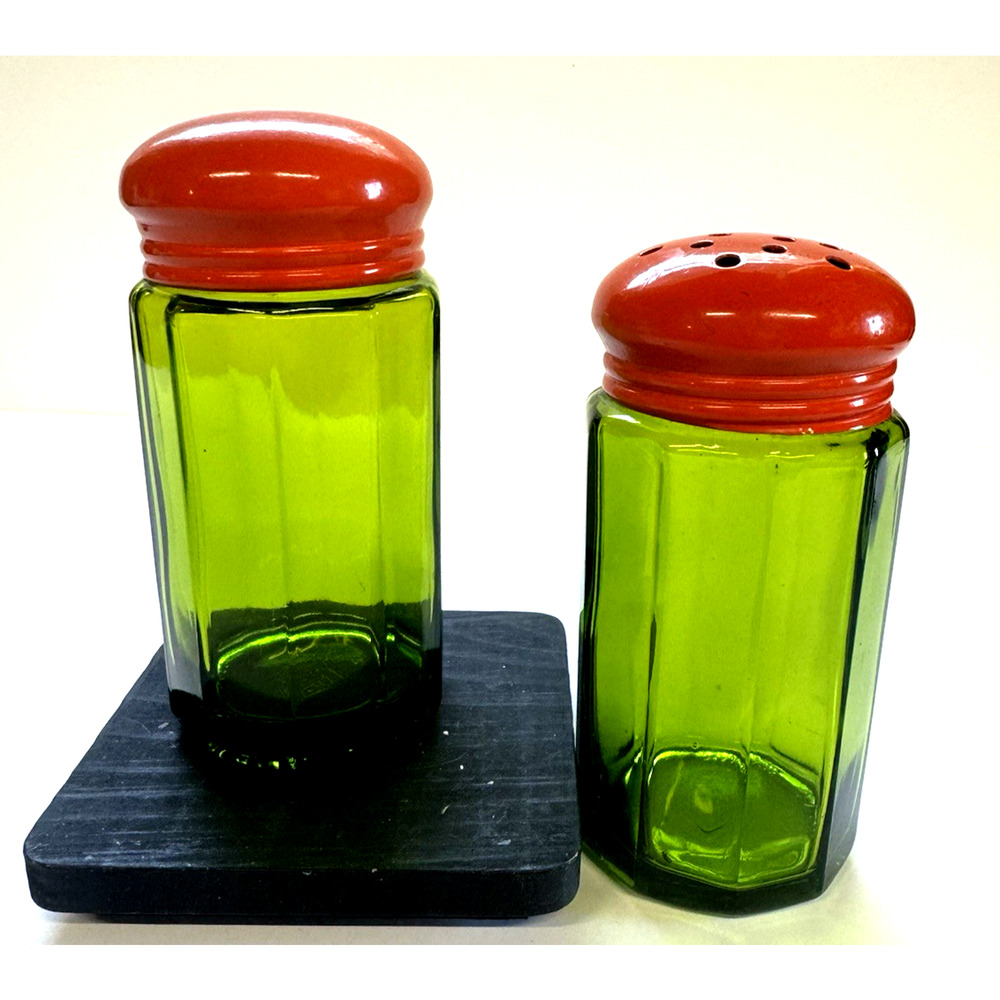 Vintage Takashi Green Glass with Orange Top Shakers large holes Vintage marked